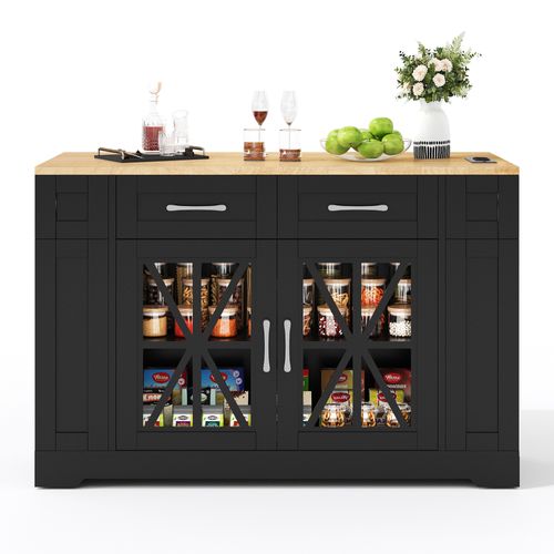 Îlot De Cuisine 120x65/90x92cm, Plateau Extensible, Prises Ac Et USB, Mdf, Noir Et Naturel