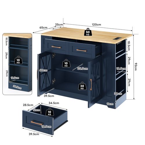 Îlot De Cuisine 120x65/90x92cm, Extensible, Plan Rabattable, Prises Ac Et USB, Mdf, Bleu+bois