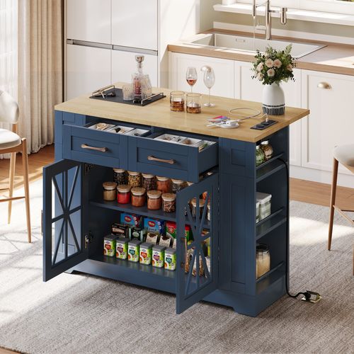 Îlot De Cuisine 120x65/90x92cm, Extensible, Plan Rabattable, Prises Ac Et USB, Mdf, Bleu+bois