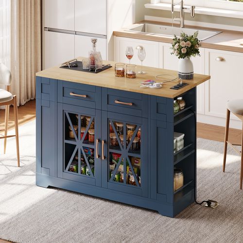 Îlot De Cuisine 120x65/90x92cm, Extensible, Plan Rabattable, Prises Ac Et USB, Mdf, Bleu+bois