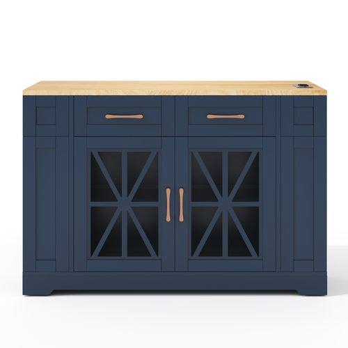 Îlot De Cuisine 120x65/90x92cm, Extensible, Plan Rabattable, Prises Ac Et USB, Mdf, Bleu+bois