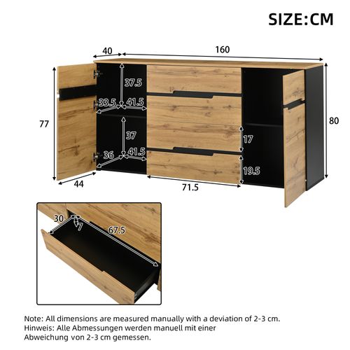 Buffet Bas 160x40x80 Cm, 2 Portes Battantes, 4 Tiroirs, Panneaux De Particules, Couleur Bois+noir