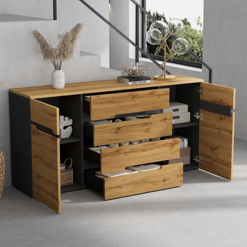 Buffet Bas 160x40x80 Cm, 2 Portes Battantes, 4 Tiroirs, Panneaux De Particules, Couleur Bois+noir