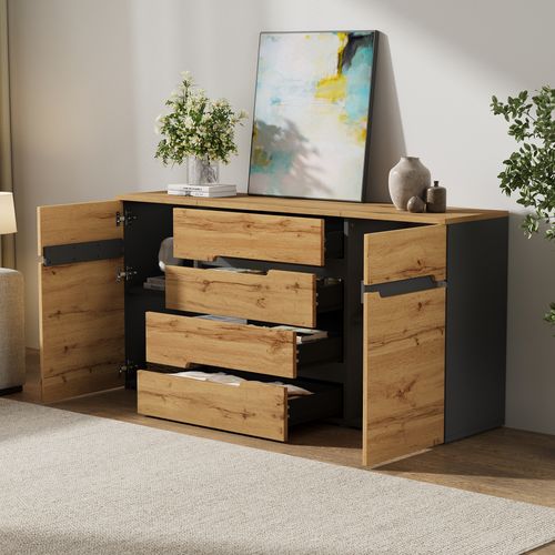 Buffet Bas 160x40x80 Cm, 2 Portes Battantes, 4 Tiroirs, Panneaux De Particules, Couleur Bois+noir