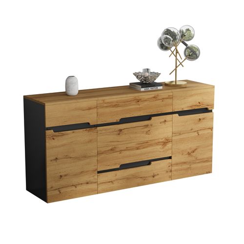 Buffet Bas 160x40x80 Cm, 2 Portes Battantes, 4 Tiroirs, Panneaux De Particules, Couleur Bois+noir