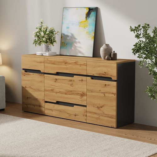 Buffet Bas 160x40x80 Cm, 2 Portes Battantes, 4 Tiroirs, Panneaux De Particules, Couleur Bois+noir