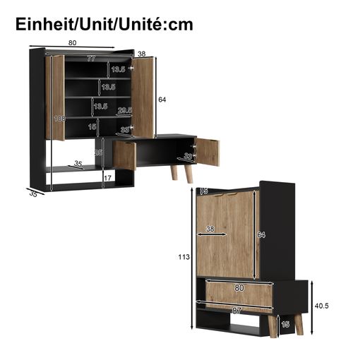 Meuble à Chaussures Moderne 80x35x113 Cm, Siège, Rangement, Panneaux De Particules, Noir Et Bois
