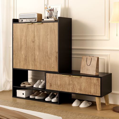 Meuble à Chaussures Moderne 80x35x113 Cm, Siège, Rangement, Panneaux De Particules, Noir Et Bois