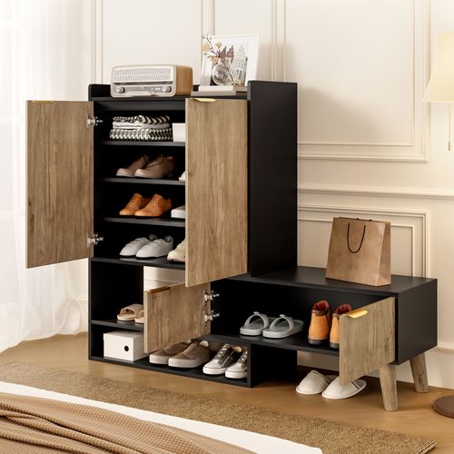 Meuble à Chaussures Moderne 80x35x113 Cm, Siège, Rangement, Panneaux De Particules, Noir Et Bois