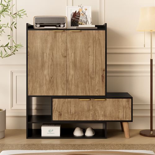 Meuble à Chaussures Moderne 80x35x113 Cm, Siège, Rangement, Panneaux De Particules, Noir Et Bois