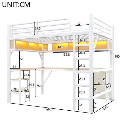 Lit Mezzanine Moderne 140x200 Cm Avec LED, Bureau Et Rangements Intégrés, Métal Et Mdf, Blanc