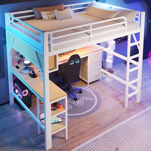 Lit Mezzanine Moderne 140x200 Cm Avec LED, Bureau Et Rangements Intégrés, Métal Et Mdf, Blanc