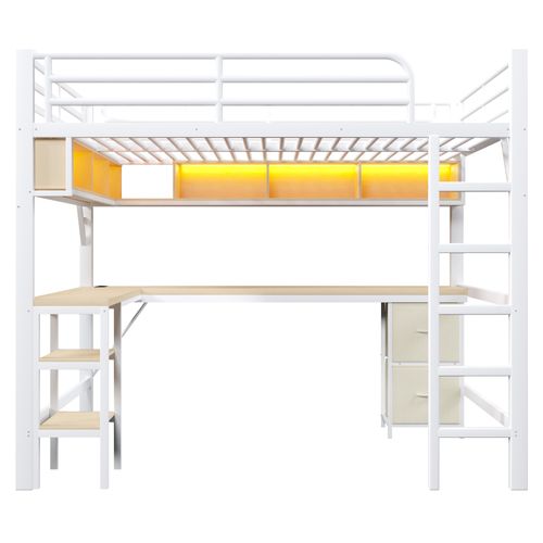 Lit Mezzanine Moderne 140x200 Cm Avec LED, Bureau Et Rangements Intégrés, Métal Et Mdf, Blanc