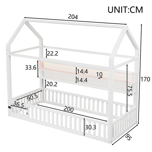 Lit Cabane 90x200cm, Forme De Maison, Barrières De Sécurité, Éclairage LED 7 Couleurs, Métal, Blanc