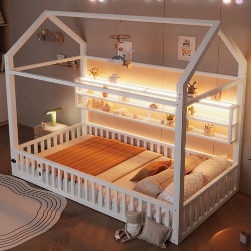 Lit Cabane 90x200cm, Forme De Maison, Barrières De Sécurité, Éclairage LED 7 Couleurs, Métal, Blanc
