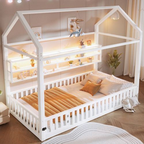 Lit Cabane 90x200cm, Forme De Maison, Barrières De Sécurité, Éclairage LED 7 Couleurs, Métal, Blanc