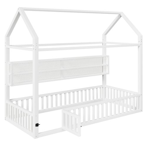 Lit Cabane 90x200cm, Forme De Maison, Barrières De Sécurité, Éclairage LED 7 Couleurs, Métal, Blanc