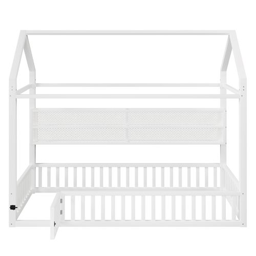 Lit Cabane 90x200cm, Forme De Maison, Barrières De Sécurité, Éclairage LED 7 Couleurs, Métal, Blanc