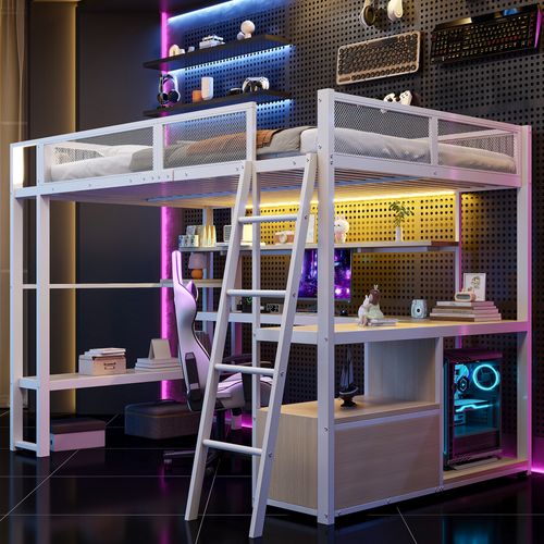 Lit Mezzanine 140x200 Cm, Bureau, LED, Étagères, Compartiment, 2 Portes, Métal Et Mdf, Blanc