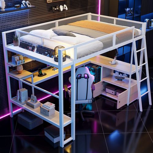 Lit Mezzanine 140x200 Cm, Bureau, LED, Étagères, Compartiment, 2 Portes, Métal Et Mdf, Blanc