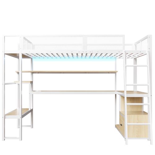 Lit Mezzanine 140x200 Cm, Bureau, LED, Étagères, Compartiment, 2 Portes, Métal Et Mdf, Blanc