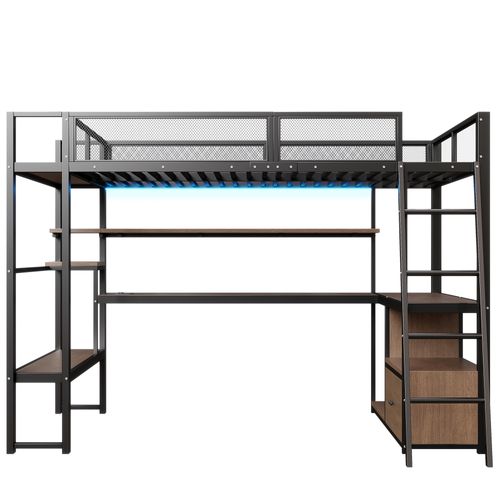 Lit Mezzanine 140x200 Cm, Bureau Avec Éclairage LED Et Rangements, Mdf Et Métal, Noir