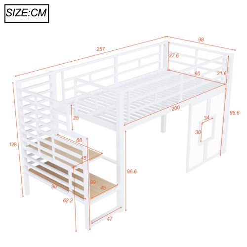 Lit Mezzanine 90x200 Cm, Escalier De Rangements, LED Et Fenêtres, Métal Et Mdf, Blanc+bois