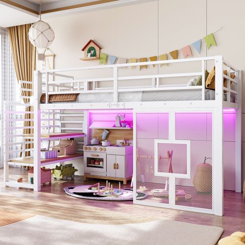 Lit Mezzanine 90x200 Cm, Escalier De Rangements, LED Et Fenêtres, Métal Et Mdf, Blanc+bois