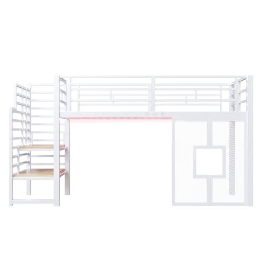 Lit Mezzanine 90x200 Cm, Escalier De Rangements, LED Et Fenêtres, Métal Et Mdf, Blanc+bois