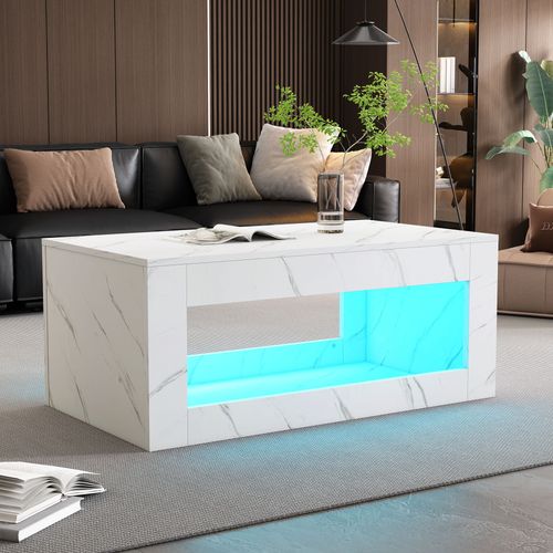 Table Basse 100.5x50.5x50 Cm, LED, Rangement Ouvert, Panneau De Particules, Blanc Brillant