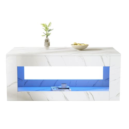 Table Basse 100.5x50.5x50 Cm, LED, Rangement Ouvert, Panneau De Particules, Blanc Brillant