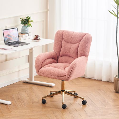 Fauteuil De Bureau 64x62x88-97 Cm, Hauteur Réglable, Base Métal Doré, Roues, Tissu Teddy, Rose