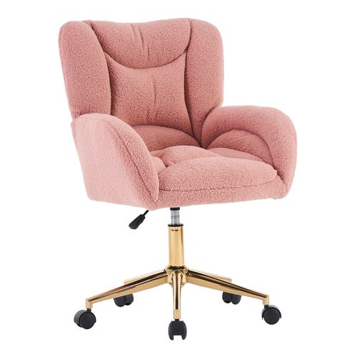 Fauteuil De Bureau 64x62x88-97 Cm, Hauteur Réglable, Base Métal Doré, Roues, Tissu Teddy, Rose