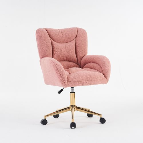 Fauteuil De Bureau 64x62x88-97 Cm, Hauteur Réglable, Base Métal Doré, Roues, Tissu Teddy, Rose