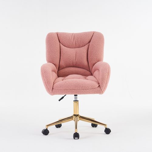 Fauteuil De Bureau 64x62x88-97 Cm, Hauteur Réglable, Base Métal Doré, Roues, Tissu Teddy, Rose
