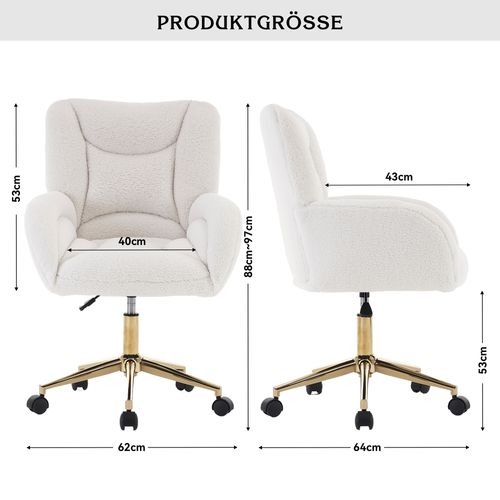 Fauteuil De Bureau 64x62x88-97 Cm, Pivotant Et Réglable, Roues, Tissu Teddy, Blanc, Base Dorée