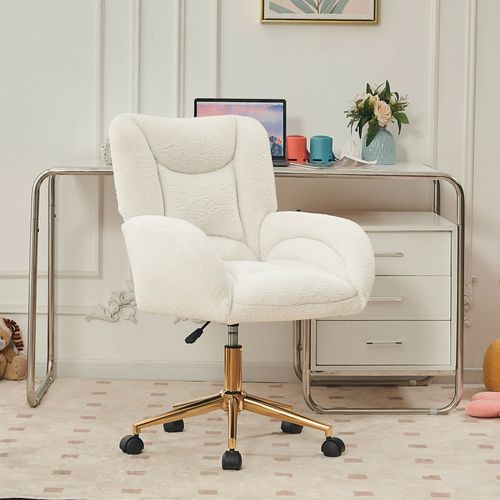 Fauteuil De Bureau 64x62x88-97 Cm, Pivotant Et Réglable, Roues, Tissu Teddy, Blanc, Base Dorée