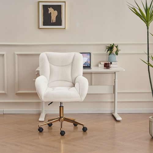 Fauteuil De Bureau 64x62x88-97 Cm, Pivotant Et Réglable, Roues, Tissu Teddy, Blanc, Base Dorée