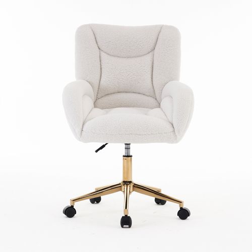 Fauteuil De Bureau 64x62x88-97 Cm, Pivotant Et Réglable, Roues, Tissu Teddy, Blanc, Base Dorée