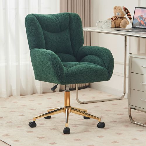 Fauteuil De Bureau Pivotant 64x62x88-97 Cm, Réglable En Hauteur, Base Métal Doré, Tissu Teddy Vert