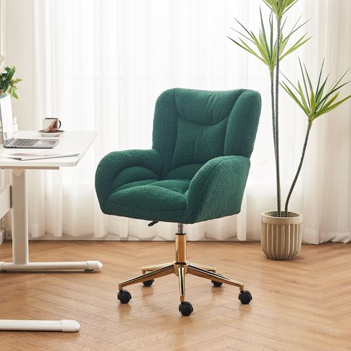 Fauteuil De Bureau Pivotant 64x62x88-97 Cm, Réglable En Hauteur, Base Métal Doré, Tissu Teddy Vert