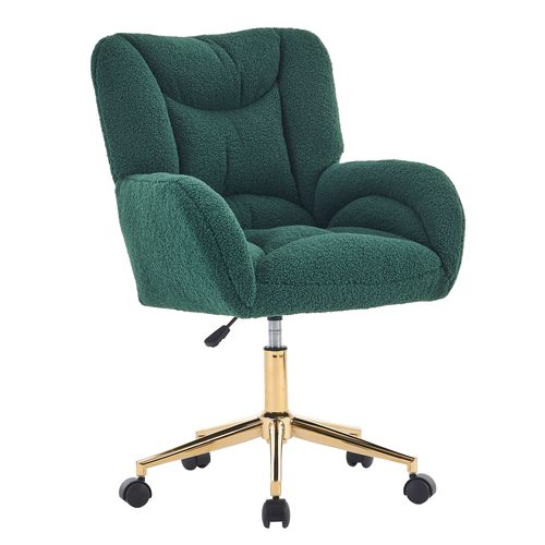 Fauteuil De Bureau Pivotant 64x62x88-97 Cm, Réglable En Hauteur, Base Métal Doré, Tissu Teddy Vert