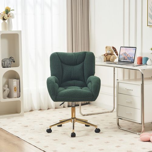 Fauteuil De Bureau Pivotant 64x62x88-97 Cm, Réglable En Hauteur, Base Métal Doré, Tissu Teddy Vert
