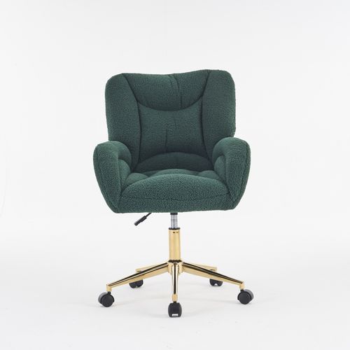 Fauteuil De Bureau Pivotant 64x62x88-97 Cm, Réglable En Hauteur, Base Métal Doré, Tissu Teddy Vert
