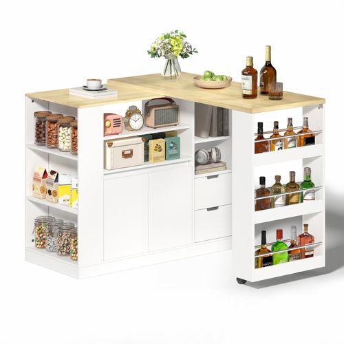 Îlot De Cuisine 115x50x92 Cm, Plan De Travail Extensible Et Pivotant, Rangements, Mdf, Blanc+bois