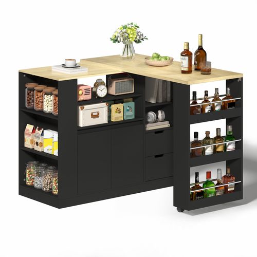 Îlot De Cuisine 115x50x92 Cm, Plateau Extensible Et Pivotant, Rangements, Mdf, Noir+bois