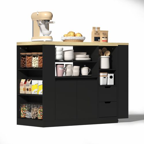 Îlot De Cuisine 115x50x92 Cm, Plateau Extensible Et Pivotant, Rangements, Mdf, Noir+bois