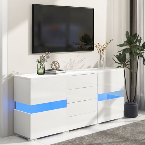 Buffet 140x35x72 Cm, LED, 2 Portes Acryliques Haute Brillance, 4 Tiroirs, Mdf, Couleur Blanche
