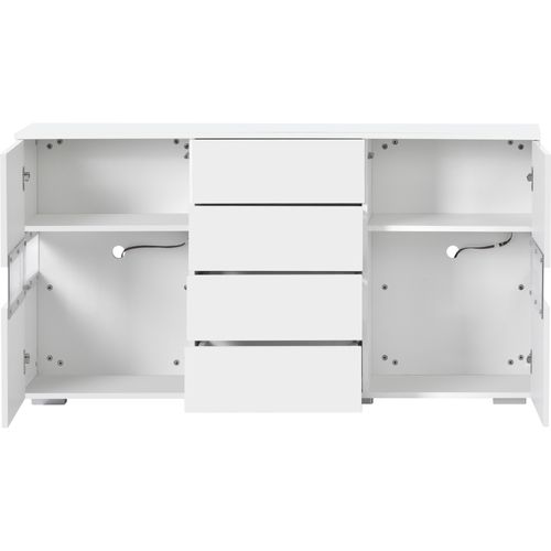 Buffet 140x35x72 Cm, LED, 2 Portes Acryliques Haute Brillance, 4 Tiroirs, Mdf, Couleur Blanche
