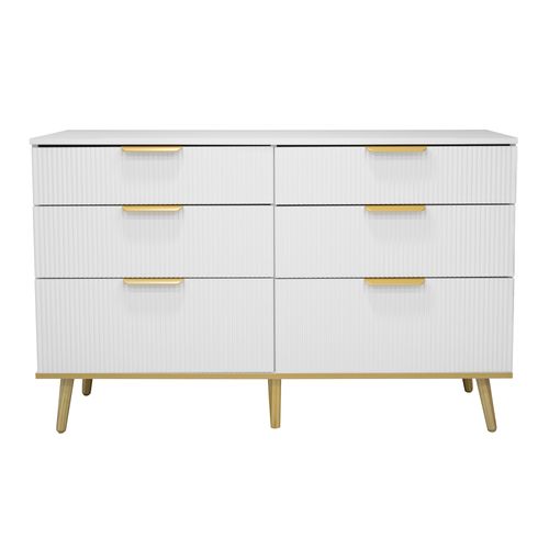 Commode à 6 Tiroirs 120x40x76,5 Cm, Grand Rangement, Motif Bois, Panneaux De Particules, Blanc